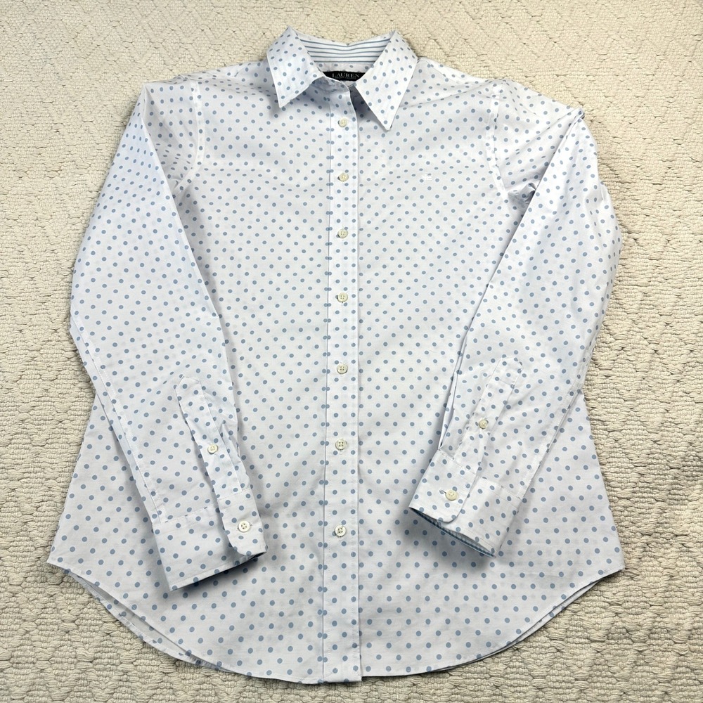 Lauren Ralph Lauren Womens Polka Dot Stretch Non Iron Button Down Shirt Blue M